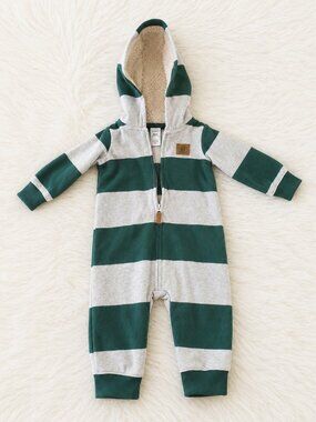 Carter Baby Boy Green/Gray Striped Fleece Hooded Jumpsuit SZ 6M